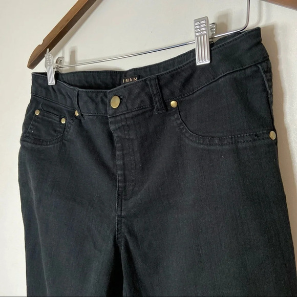 Black Denim IMAN Jeans Pull On Slimming No Zip Size Womens Medium Short Jeans - Picture 2 of 8